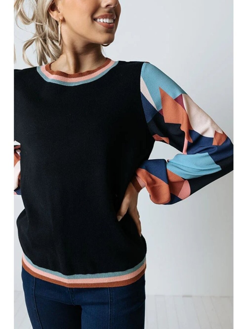 Fate Colorblock Balloon Sleeve Knit Sweater Geometric Print Sleeves Ribbed Trim
